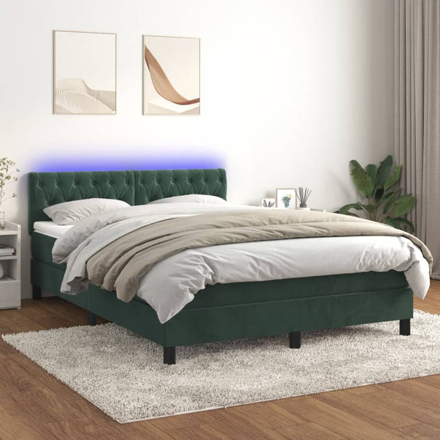 vidaXL Boxspring met matras en LED fluweel donkergroen 140x200 cm