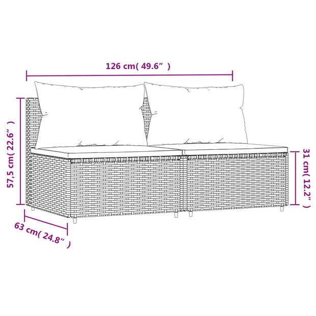 vidaXL Tuinmiddenbanken met kussens 2 st poly rattan zwart