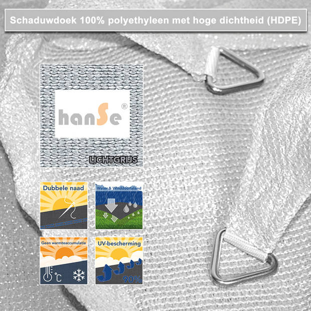 hanSe® Schaduwdoek Driehoek Gelijkbenig Waterafstotend 4x4x5,8 m Lichtgrijs