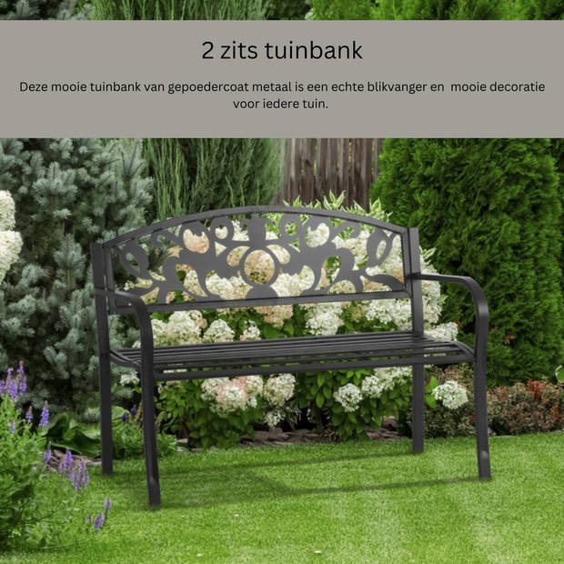 Tuinbank - Zitbank - Bankje - Metaal - 2-zits - Metaal - Zwart - 128 x 50 x 91 cm
