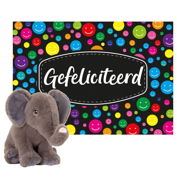 Keel toys - Cadeaukaart Gefeliciteerd met knuffeldier olifant 25 cm - Knuffeldier