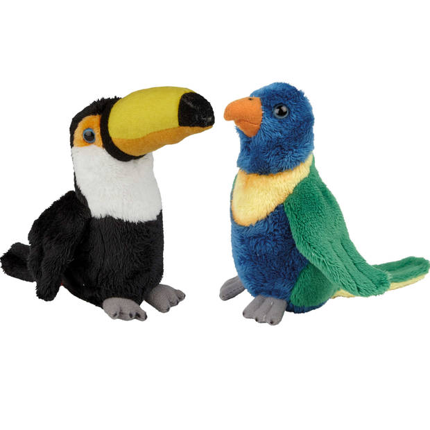 Tropische vogels pluche knuffels 2x stuks - Lori Parkiet en Toekan van 15 cm - Vogel knuffels