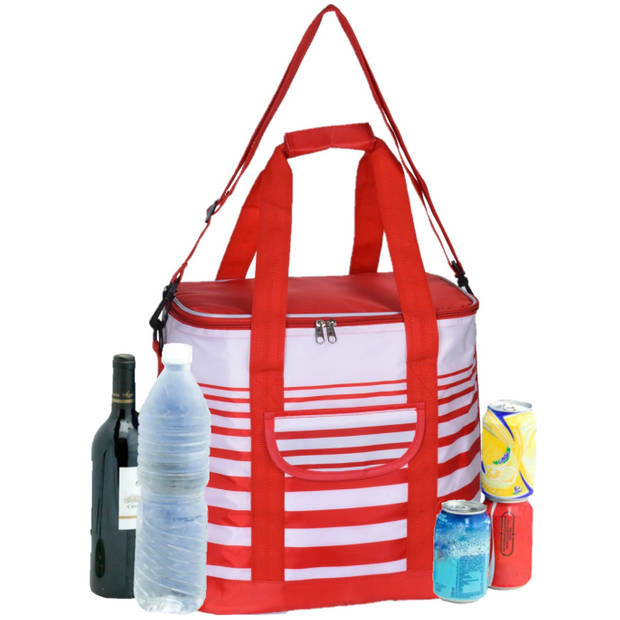 Grote koeltas draagtas schoudertas rood/wit gestreept met 2 stuks flexibele koelelementen 24 liter - Koeltas