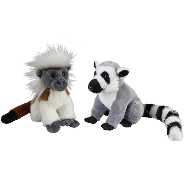 Apen serie zachte pluche knuffels 2x stuks - Ringstaart Maki en Pinche Aapje van 18 cm - Knuffel bosdieren