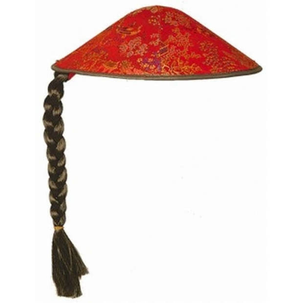 2x stuks aziatische rode hoed met vlechtje - Verkleedhoofddeksels