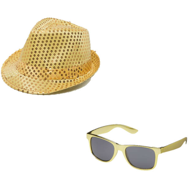 Party carnaval verkleed hoedje en feestbril goud metallic - Verkleedhoofddeksels