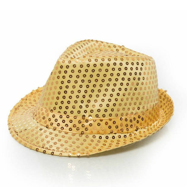 2x Stuks Trilby hoeden met pailletten - goud - glitter - Verkleedhoofddeksels