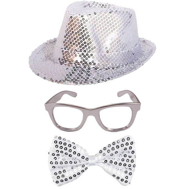 Carnaval verkleed set hoed-strikje-bril zilver glitters - Verkleedhoofddeksels