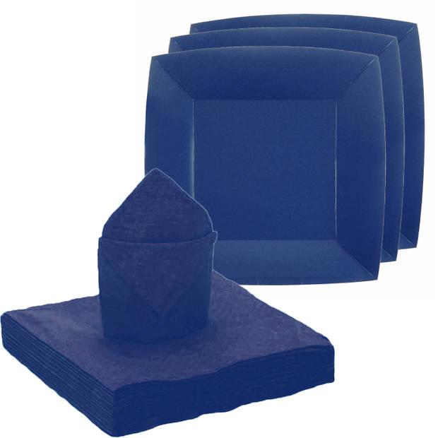 Santex 20x taart/gebak bordjes/20x servetten - kobalt blauw - Feestbordjes