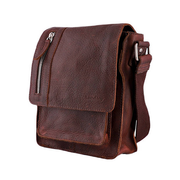 Landley Leren Schoudertasje met sluitflap - Dames en Heren - Antique Vintage Pull-up Leer - Donker Cognac / Bruin