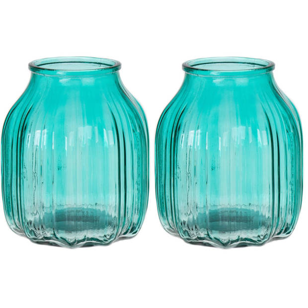 Bellatio Design Bloemenvaas klein - 2x - turquoise blauw glas - D14 x H16 cm - Vazen