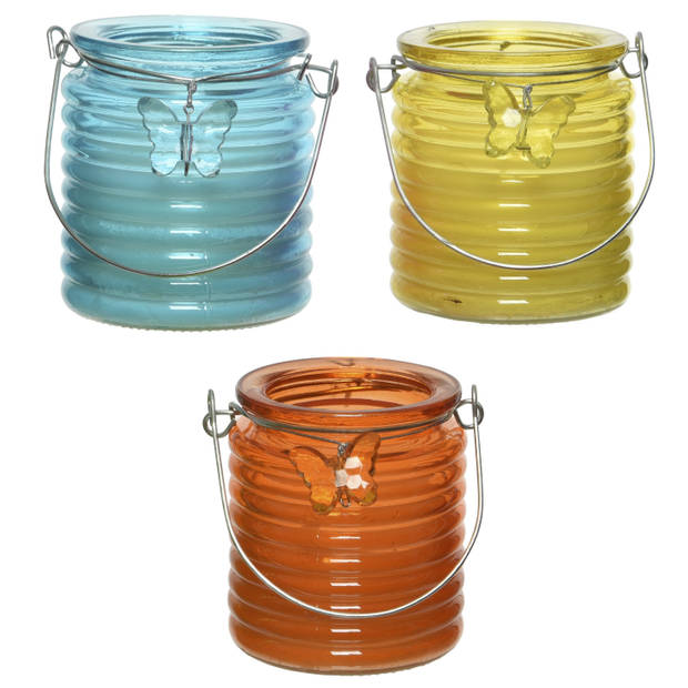 Citronella kaars - in windlicht - 3x - blauw/geel en oranje - 20 branduren - citrusgeur - geurkaarsen