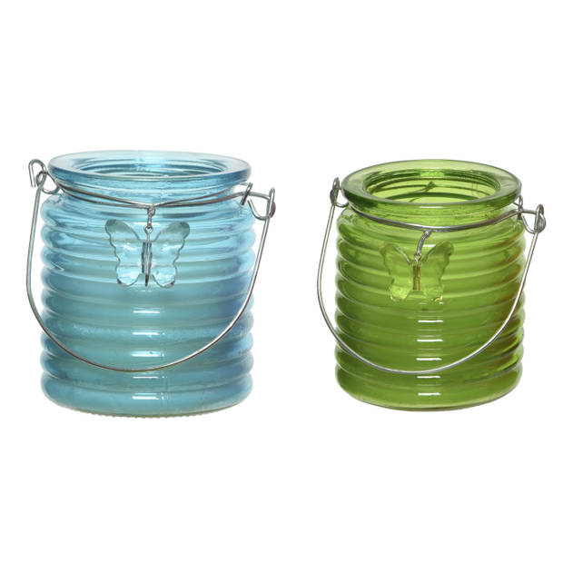 Citronella kaars - in windlicht - 2x - blauw en groen - 20 branduren - citrusgeur - geurkaarsen