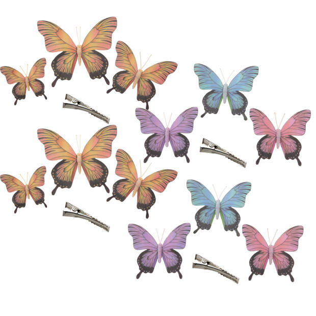 Othmar Decorations Decoratie vlinders op clip 12x stuks - paars/blauw/roze/geel - Hobbydecoratieobject
