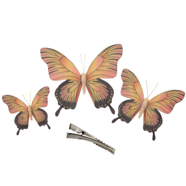 3x stuks Kerst decoratie vlinders op clip - geel/roze - 12/16/20 cm - Feestdecoratievoorwerp