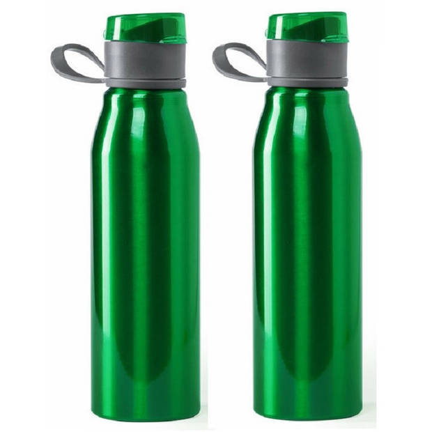 Aluminium waterfles/drinkfles - 2x - metallic groen - met schroefdop - 700 ml - Drinkflessen