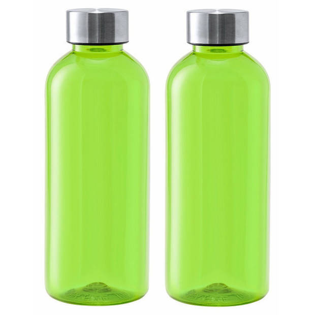 Kunststof waterfles/drinkfles/sportfles - 2x - groen - met RVS dop - 600 ml - Drinkflessen