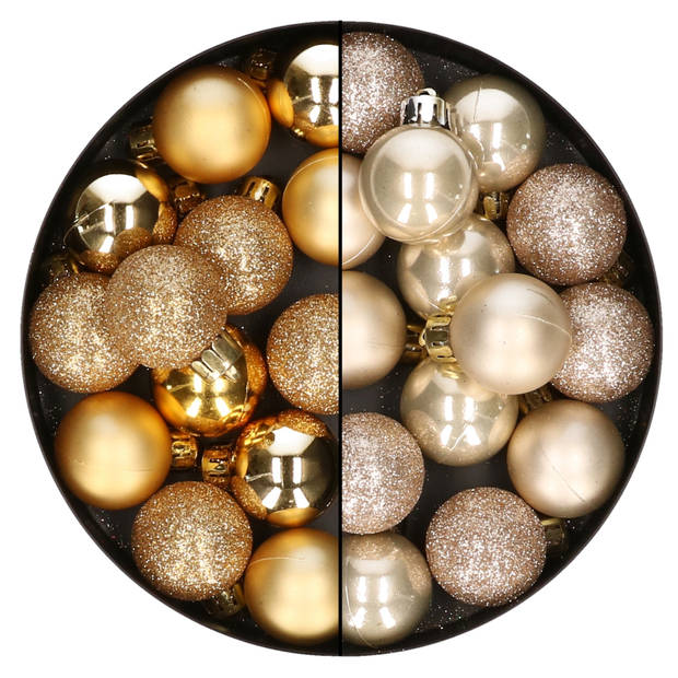 28x stuks kleine kunststof kerstballen champagne en goud 3 cm - Kerstbal