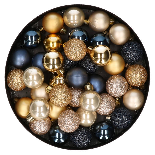 42x stuks kunststof kerstballen donkerblauw, champagne en goud mix 3 cm - Kerstbal