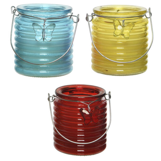 Citronella kaars - in windlicht - 3x - blauw/geel en rood - 20 branduren - citrusgeur - geurkaarsen