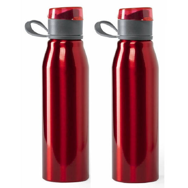 Aluminium waterfles/drinkfles - 2x - metallic rood - met schroefdop - 700 ml - Drinkflessen