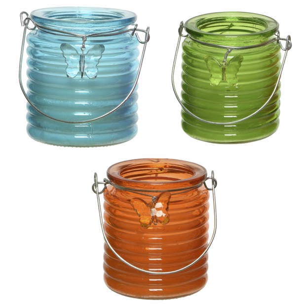 Citronella kaars - in windlicht - 3x - blauw/groen en oranje - 20 branduren - citrusgeur - geurkaarsen