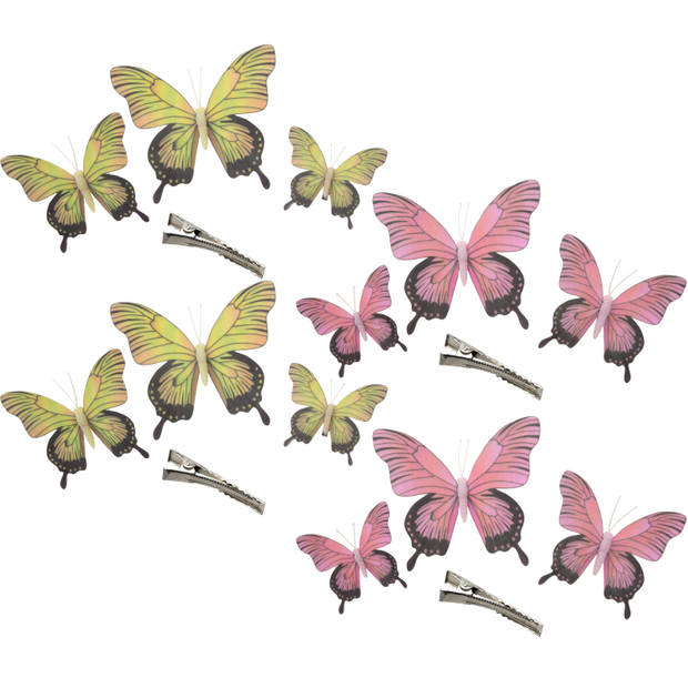 Othmar Decorations Decoratie vlinders op clip 12x stuks - geel/roze - 12/16/20 cm - Hobbydecoratieobject
