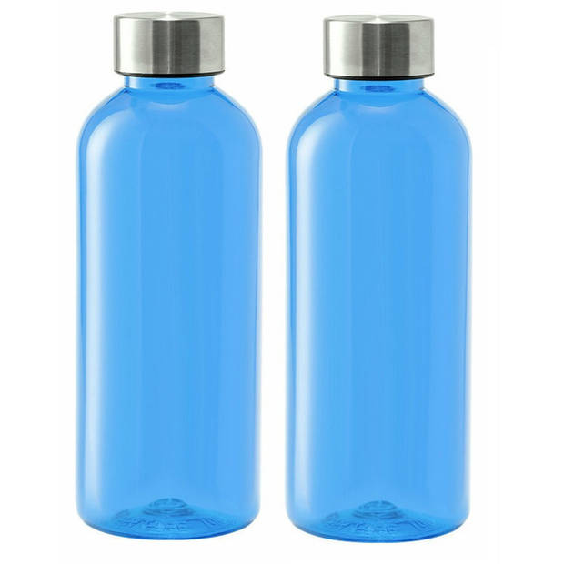 Kunststof waterfles/drinkfles/sportfles - 2x - blauw - met RVS dop - 600 ml - Drinkflessen