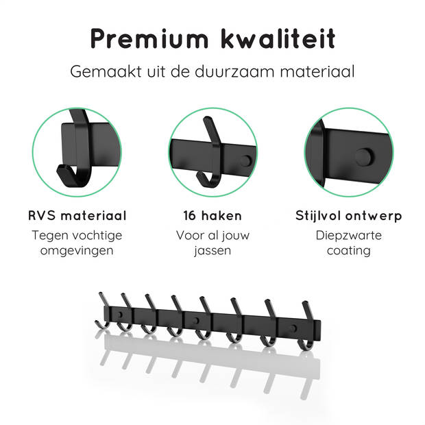 VOLCAN Wandkapstok - Muur Kapstok Hangend - RVS - 16 Hangers - Industrieel - 3M Tape - Zwart