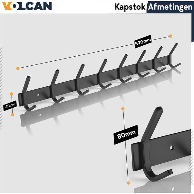 VOLCAN Wandkapstok - Muur Kapstok Hangend - RVS - 16 Hangers - Industrieel - 3M Tape - Zwart