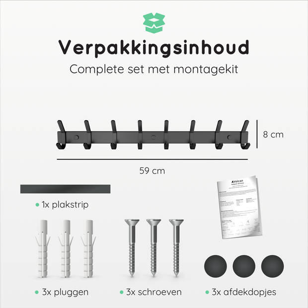 VOLCAN Wandkapstok - Muur Kapstok Hangend - RVS - 16 Hangers - Industrieel - 3M Tape - Zwart