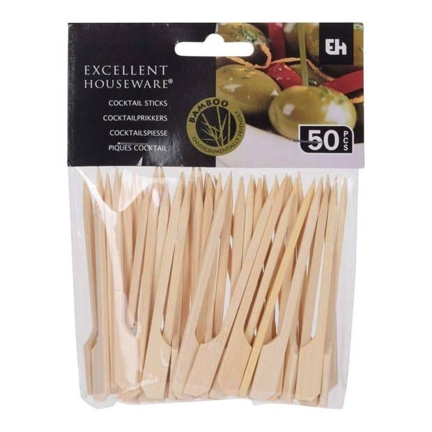 Excellent houseware Cocktail/tapas prikkers - 50x stuks - 9 cm - bamboe - hapjes prikker - Cocktailprikkers