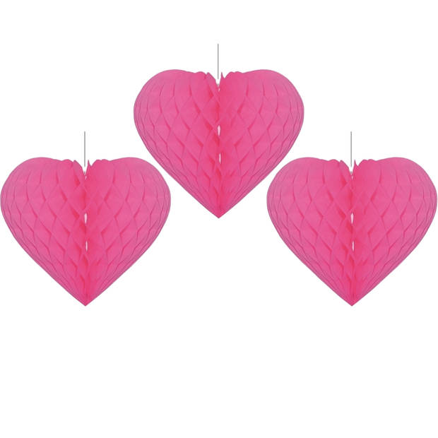 Bellatio Decorations - 3x Fuchsia roze deco hartje - 15 cm - papier - Feestversiering - Hangdecoratie