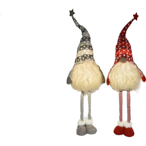 Set van 2 stuks Gnome Staand 108 cm en laag naar 70 cm Rood/Grijs Met Led Kerst Kabouter Puntmuts Gevuld met pluche