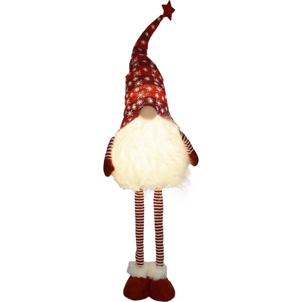 Set van 2 stuks Gnome Staand 108 cm en laag naar 70 cm Rood/Grijs Met Led Kerst Kabouter Puntmuts Gevuld met pluche