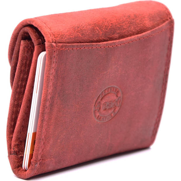Modieuze Rode Trifold Portemonnee - 4 East - Echt Leder - Compact en Stijlvol - 9cm x 3cm x 7cm - Inclusief Creditcard-