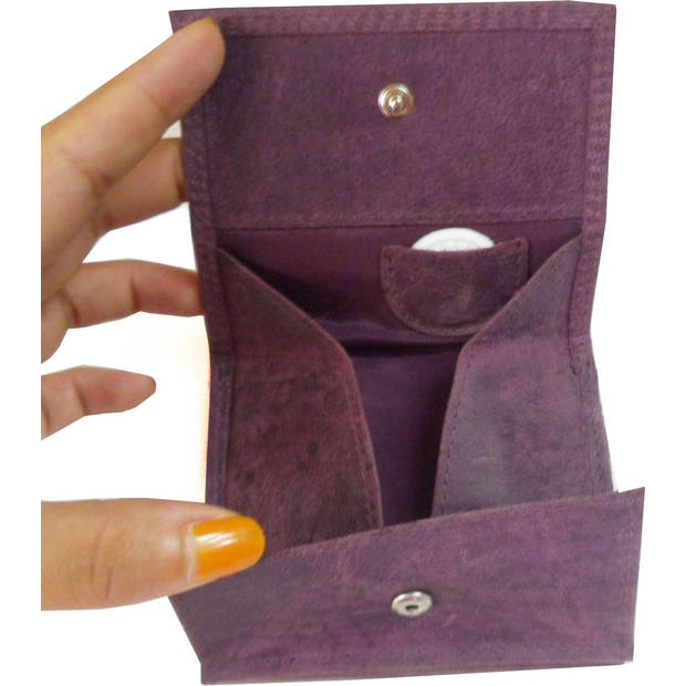 Buffalo Leather Wallet - 6 Card Holders, RFID Protection, Square Coin Pocket, Purple Leather - 9.5x7.5 cm