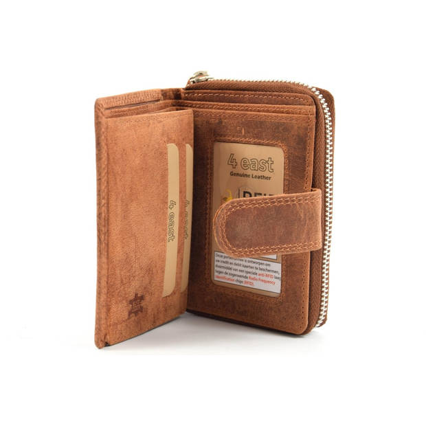 Bruine Portemonnee met Ritssluiting - Echte Leder - RFID Protected Anti Skim - Dames - 10x3x13cm - 7 Creditcard vakken