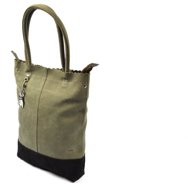 4East Sahara Shopper dames Schoudertas Groen leren shopper met suéde bodem 14 inch laptop