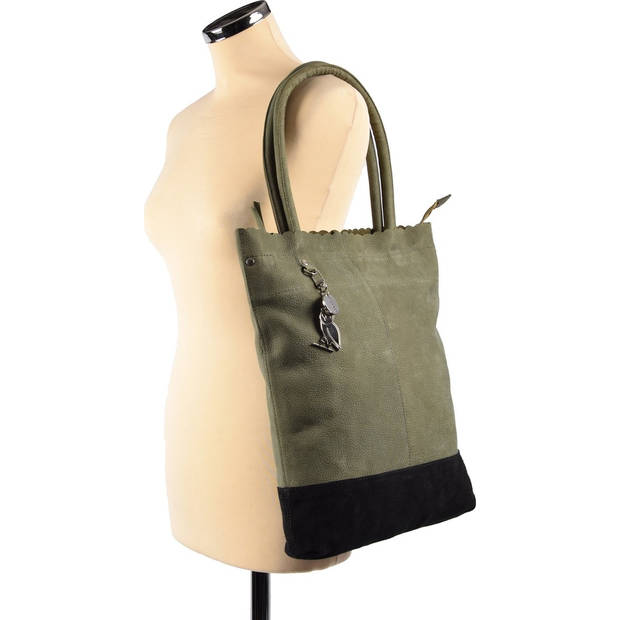 4East Sahara Shopper dames Schoudertas Groen leren shopper met suéde bodem 14 inch laptop