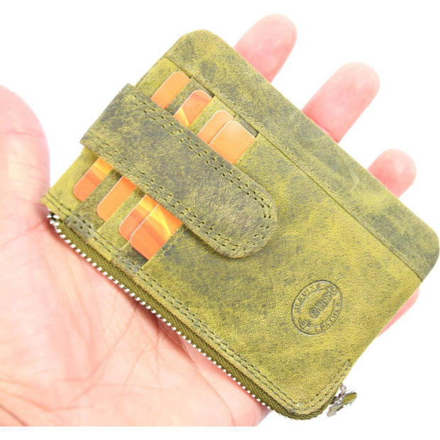 Stijlvolle Olive Leren Portemonnee met Rits - Dames - 4 east - 13x1.5x8.5cm - Echt Leder - Binnen 1 vak - Voorkant met 1