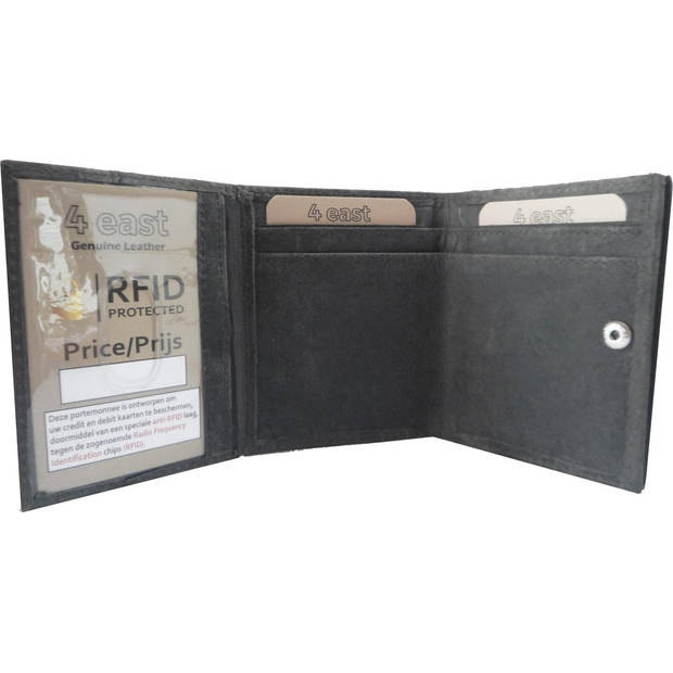 Trifold Portemonnee in Grijs met Echt Leder - Compact Formaat - 4 East - 9.5x8x2.5cm - 6 Creditcardvakken - binnen