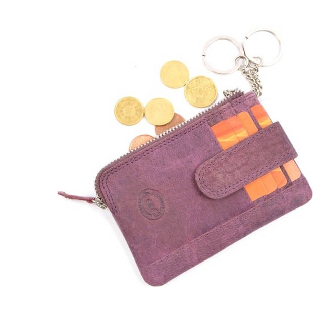 Small Wallet Keychain Unisex Leather Wallet with RFID 4 Credit Card Slots & 2 Keychain Genuine Leather in Purple