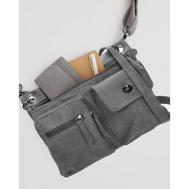 Bicky Bernard Dames Schoudertas - Crossbodytas Grijs - Platte Tas met Meerdere Ritssluitingen - Afneembare Schouderriem