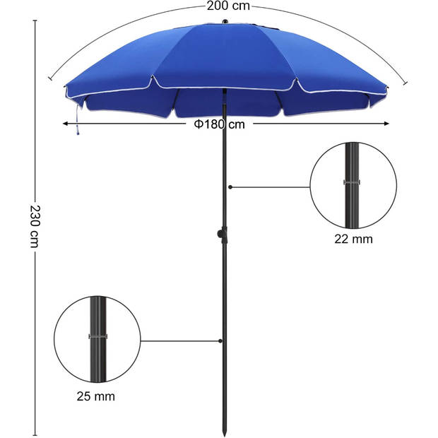 Parasol 180 cm diameter, rond / achthoekige strandparasol, knikbaar, kantelbaar, met draagtas - blauw