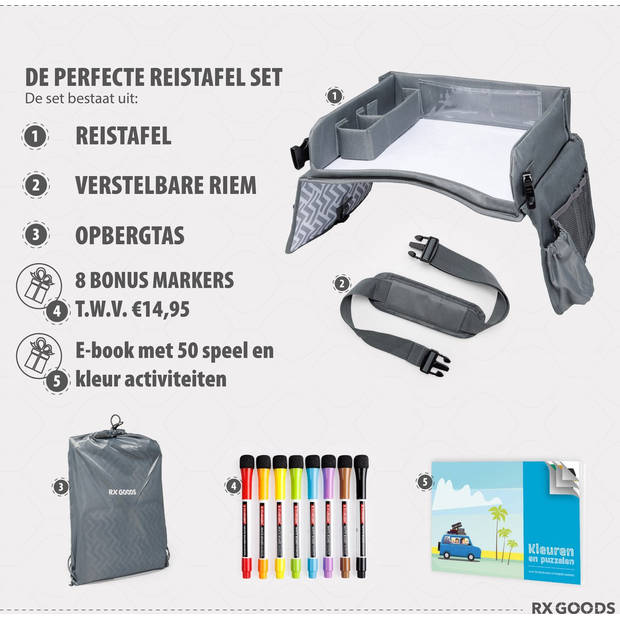 RX Goods Premium Reistafel met Tekentafel & Tablethouder– Opvouwbaar - Auto Organizer - Whiteboard - Lichtgrijs