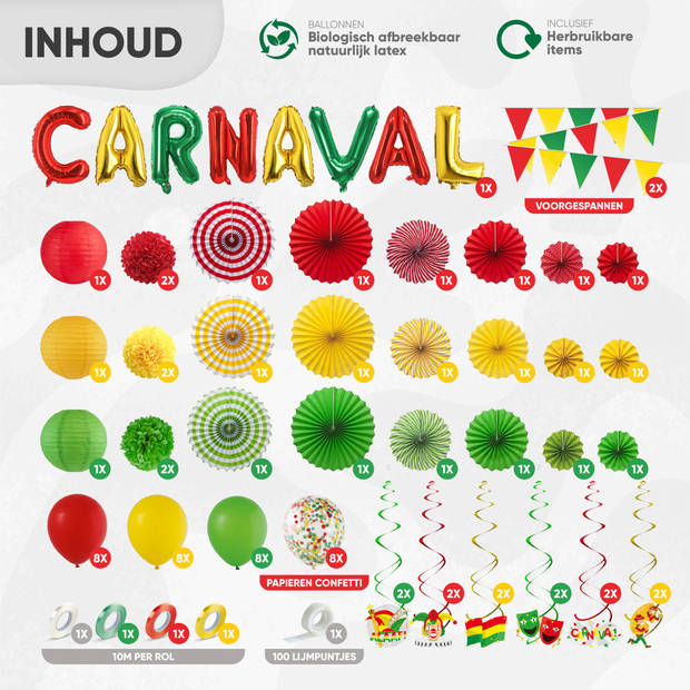 Fissaly® 86 Stuks Carnaval Versiering Decoratie Rood, Geel & Groen - Feestpakket Incl. Ballonnen, Slingers & Accessoires