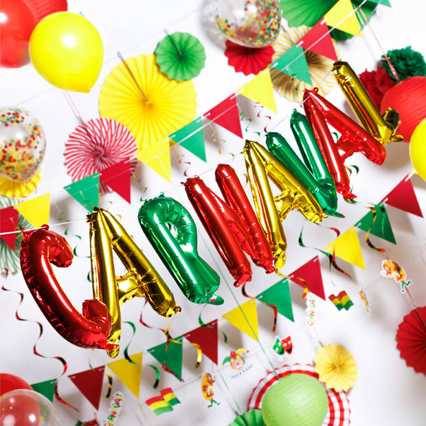 Fissaly® 86 Stuks Carnaval Versiering Decoratie Rood, Geel & Groen - Feestpakket Incl. Ballonnen, Slingers & Accessoires