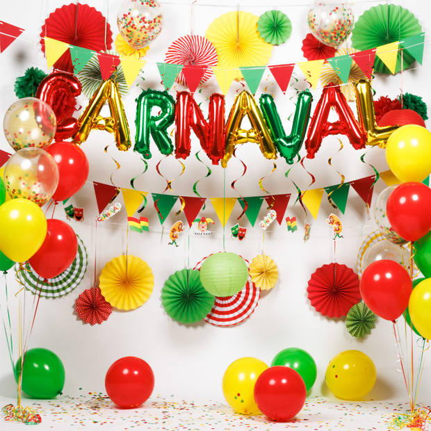 Fissaly® 86 Stuks Carnaval Versiering Decoratie Rood, Geel & Groen - Feestpakket Incl. Ballonnen, Slingers & Accessoires