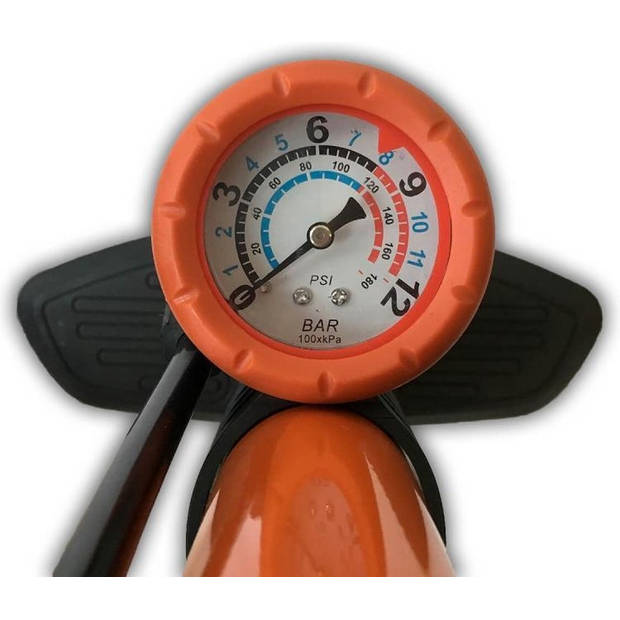 Upright Bicycle Pump with Pressure Gauge and Adapters - 8 Bar - Plastic and Metal - Orange and Black - 63cmx10cm